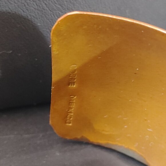 Dragon Mexican Copper Cuff Bracelet MCM Vintage Brass Dragon Abalone 1 Inch Wide - Picture 3 of 12